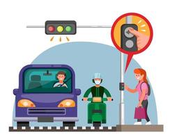 voetgangers verkeerslicht knop informatie concept in cartoon vlakke afbeelding vector