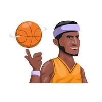 basketbalspeler draaiende bal in de hand, donkere huid man professionele atleet sport karakter mascotte in cartoon afbeelding vector op witte achtergrond