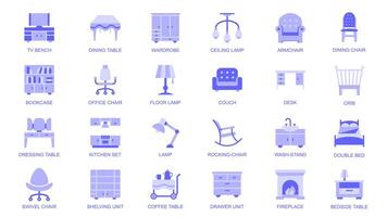 meubilair web pictogrammen reeks in duotoon vlak ontwerp. pak pictogrammen met TV bank, dining tafel, garderobe, plafond lamp, fauteuil, stoel, boekenkast, bank, wieg, rekken eenheid, ander. illustratie. vector