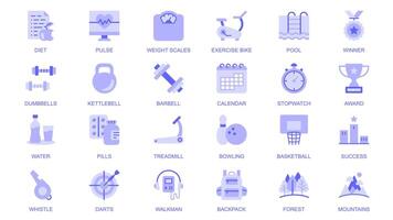 geschiktheid web pictogrammen reeks in duotoon vlak ontwerp. pak pictogrammen met eetpatroon, pols, gewicht schubben, oefening fiets, zwembad, winnaar, halter, Kettlebell, halter, stopwatch, prijs, ander. illustratie. vector