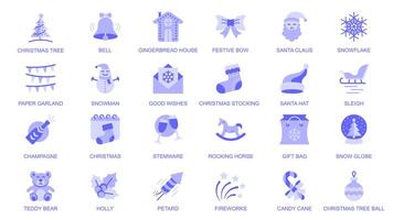 Kerstmis web pictogrammen reeks in duotoon vlak ontwerp. pak pictogrammen met feestelijk boom, klok, peperkoek huis, boog, de kerstman claus, sneeuwvlok, papier guirlande, sneeuwman, kous, ander. illustratie. vector