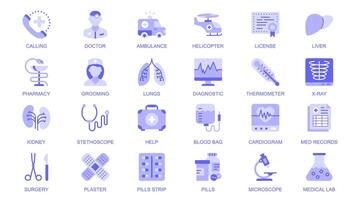 medisch gezondheidszorg web pictogrammen reeks in duotoon vlak ontwerp. pak pictogrammen met dokter, ambulance, lever, apotheek, verpleegster, longen, diagnostisch, thermometer, röntgenfoto, helpen, pillen, ander. illustratie. vector