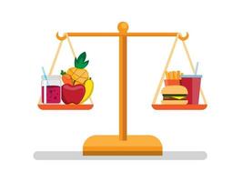 fruit, groente en fastfood in balans, gezond en ongezond voedsel symbool pictogram vlakke afbeelding vector met op witte achtergrond