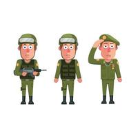 soldaat leger man uniform karakter icon set concept in cartoon illustratie vector geïsoleerd op witte achtergrond