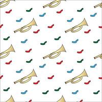 naadloze patroon gouden trompet vector design, met kleurrijke linten. ontwerpen voor achtergronden, achtergronden, covers, feesten en uw ontwerpbehoeften.