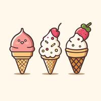 drie ijs crèmes in kawaii stijl. een glimlachen vanille ijshoorntje met hagelslag, een vrolijk chocola ijscoupe met een kers, en een schattig aardbei ijslolly. vector