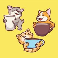 hond en kat met koffie dier logo mascotte illustratie pack vector