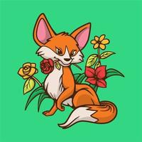 cartoon dier ontwerp vos bijt een bloem schattig mascotte logo vector