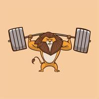 cartoon dier ontwerp leeuw lift de barbell schattig mascotte logo vector