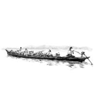 tekening van de visvangst boot Aan de rivier- in Vietnam vector