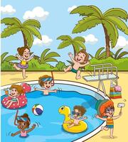 kinderen in aqua park zwemmen zwembad hebben plezier.zomer buitenshuis werkzaamheid concept tekenfilm illustratie vector