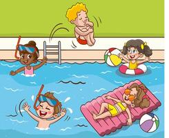 kinderen in aqua park zwemmen zwembad hebben plezier.zomer buitenshuis werkzaamheid concept tekenfilm illustratie vector