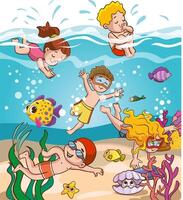 kinderen hebben pret duiken onder water. grappig tekenfilm karakter. illustratie..schattig kinderen duiken in de zee. tekenfilm kinderen snorkelen in de oceaan. vector