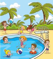 kinderen in aqua park zwemmen zwembad hebben plezier.zomer buitenshuis werkzaamheid concept tekenfilm illustratie vector