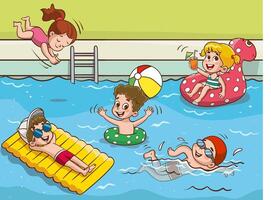 kinderen in aqua park zwemmen zwembad hebben plezier.zomer buitenshuis werkzaamheid concept tekenfilm illustratie vector