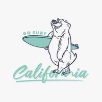 vintage slogan typografie ga surfen Californië een beer met een surfplank voor t-shirtontwerp vector