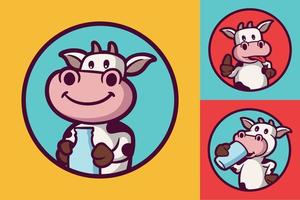 koe houdt fles, gelukkige koe en koe drinkt dierlijk logo mascotte illustratiepakket vector
