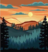 nacht landschap met zonsondergang, pijnboom Woud. lineair illustratie gekleurde vector