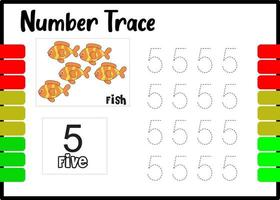 aantal sporen en kleur vissen. traceernummer voor kinderen. vector