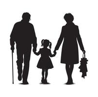 silhouet van grootouders wandelen met kleindochter illustratie icoon vector