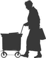 silhouet ouderen vrouw dragen goederen in lader doos zwart kleur enkel en alleen vector