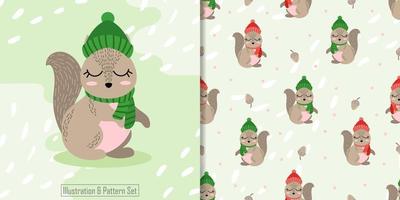 schattige dieren cartoon illustratie winter met naadloos patroon vector