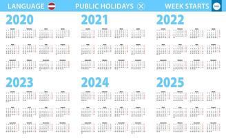 kalender in Lets taal voor jaar 2020, 2021, 2022, 2023, 2024, 2025. week begint van maandag. vector
