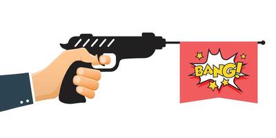 hand- Holding pistool geweer met knal tekst icoon in vlak stijl. vuurwapen symbool illustratie Aan geïsoleerd achtergrond. geweer- munitie teken bedrijf concept. vector