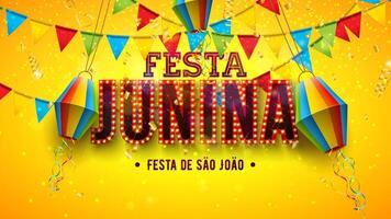 festa Junina illustratie met papier lantaarn, partij vlaggen en licht lamp aanplakbord belettering Aan geel achtergrond. Brazilië sao joao juni festival ontwerp voor groet kaart, banier of vakantie vector