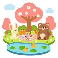 aanbiddelijk voorjaar picknick met bos- dieren. schattig tekenfilm kunst voor kinderen. vector