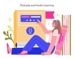 podcasts en audio aan het leren concept een leerling deuntjes in een leerzaam podcast, combineren vrije tijd met aan het leren door audio platformen illustratie vector