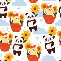 naadloos patroon tekenfilm panda en konijn in oranje achtergrond. schattig dier behang voor textiel, geschenk inpakken papier vector
