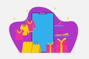 mobiel winkelconcept e-commerce met smartphone en modekleding voor banner van websitesjabloon vector