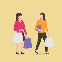 twee vrouw winkelen wandelen en elkaar bespreken met boodschappentas vector