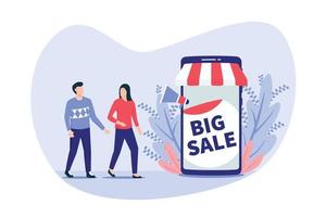 e-commerce bigsale met mensen en smartphnone grote verkoopposter met moderne vlakke stijl vector