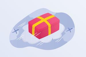 vliegende verzenddoos cadeau met rode doos bovenop wolk met vliegtuigpictogram vector