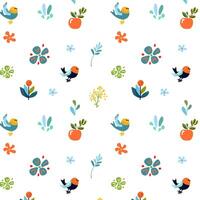 naadloos patroon van klein gemakkelijk vogels, bloemen, en rood appels Aan wit achtergrond voor briefpapier, verpakking, behang en textiel vector