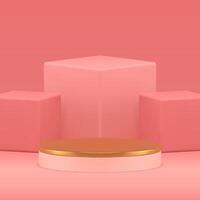 premie 3d gouden podium voetstuk met roze kubussen muur achtergrond voor tonen realistisch vector