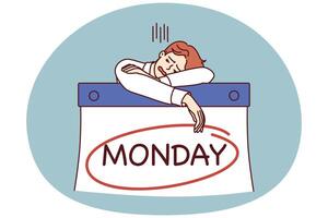 Mens werkverslaafde slaapt leunend Aan reusachtig kalender met opschrift maandag gevoel verbrand vector