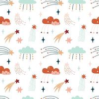 schattig Boheems baby naadloos patroon met wolken, sterren, regenbogen. patroon in boho stijl in warm pastel kleuren. reeks van illustraties voor de kinderen kamer, ansichtkaarten, baby partijen vector