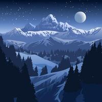 rustig toneel- winter nacht landschap met maan en sterren over- ijzig bergen vector