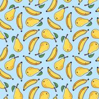 schattig geel banaan en Peer naadloos patroon licht blauw achtergrond in tekenfilm stijl. tekenfilm fruit illustratie. hand- getrokken manga stijl textuur. patroon voor kinderen kleren. vector