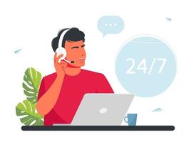 telefoniste callcenter. klantenservice. man met koptelefoon, microfoon met een laptop. concept vectorillustratie voor ondersteuning. hotline-operators raadplegen klanten met headsets op computers vector