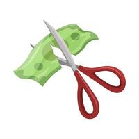 schaar snijdend geld papier, economie metafoor symbool tekenfilm illustratie vector