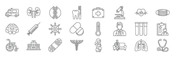 medisch pictogrammen set, inbegrepen pictogrammen net zo stethoscoop, spuit, dokter, ambulance en meer symbolen verzameling, logo geïsoleerd illustratie vector