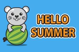 schattige mascotte muis knuffelen watermeloen met hallo zomer groet banner vector