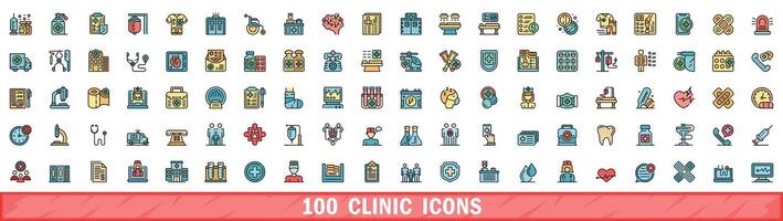 100 kliniek pictogrammen set, kleur lijn stijl vector