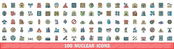 100 nucleair pictogrammen set, kleur lijn stijl vector