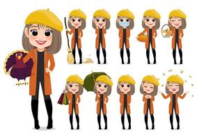 collectie van herfst meisje cartoon karakter buitenactiviteiten met oranje jas en gele hoed, geïsoleerde cartoon op witte achtergrond vectorillustratie vector
