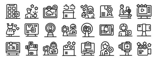 Product recensie blogger pictogrammen schets reeks . een serie van pictogrammen voor sociaal media en sharing vector